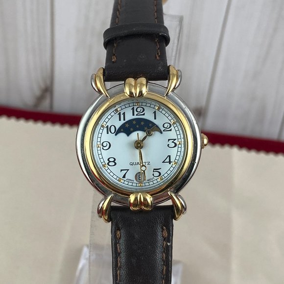 Vintage Avon Silver and Gold Tone Moon Phase Gold Tone Watch Black Strap - Picture 1 of 5